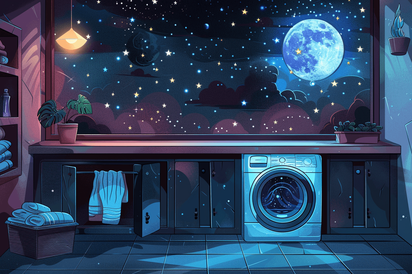 Share the Load laundry scheduling app — illustrated laundry room for roommates and apartments